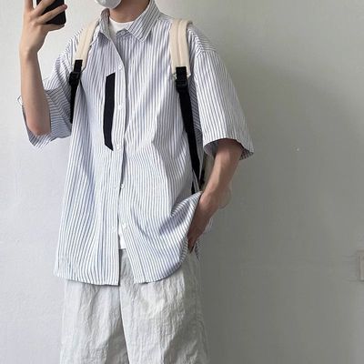 美式学院风个性撞色条纹插兜短袖翻领衬衫夏季男休闲情侣半袖衬衣