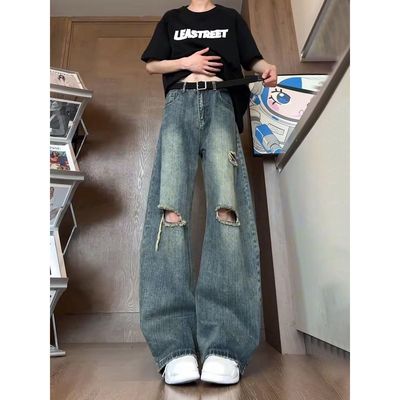 2025新款美式破洞弯刀牛仔裤