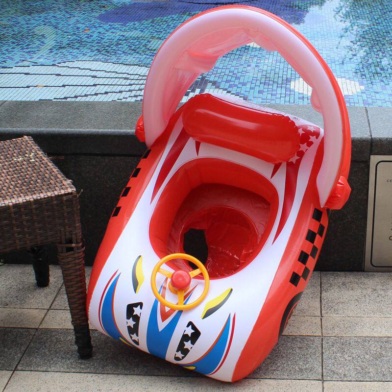 新款充气车子座圈儿童跑车型游泳圈带防晒遮阳棚喇叭坐圈赛车艇