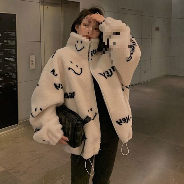 2025秋冬新款笑脸皮毛一体宽松羊剪绒大衣女连帽中长款仿皮草外套