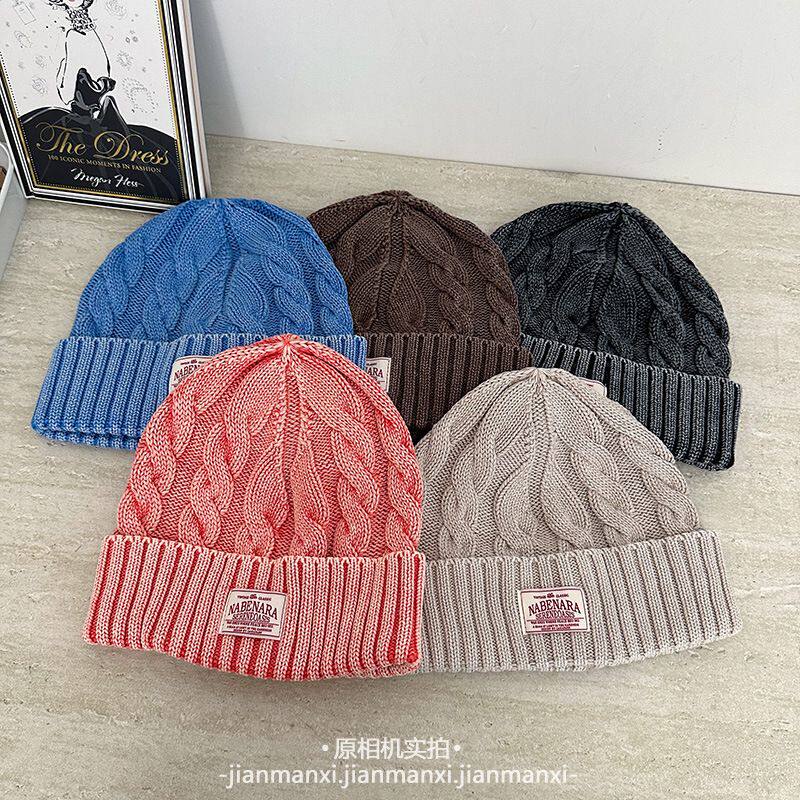 秋冬款做旧贴标麻花粗针织帽女学生百搭复古冷帽加厚保暖毛线帽