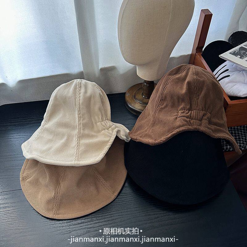 日系复古秋冬纯色灯芯绒盆帽男女大头围宽檐大脸可戴显脸小渔夫帽