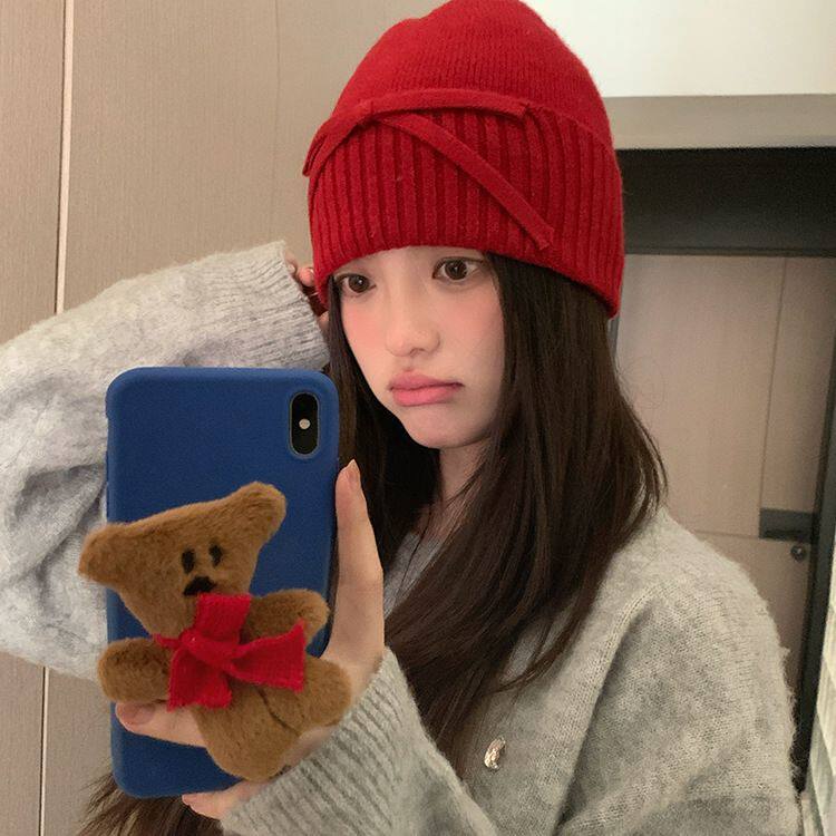 韩版安可拉红色针织帽女2025年秋冬季保暖护耳毛线帽显脸小包头帽