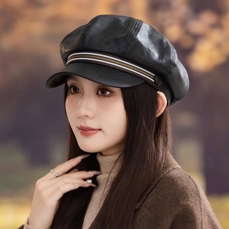 八角帽PU皮质贝雷帽女文艺复古皮帽春秋报童帽英伦百搭鸭舌画家帽