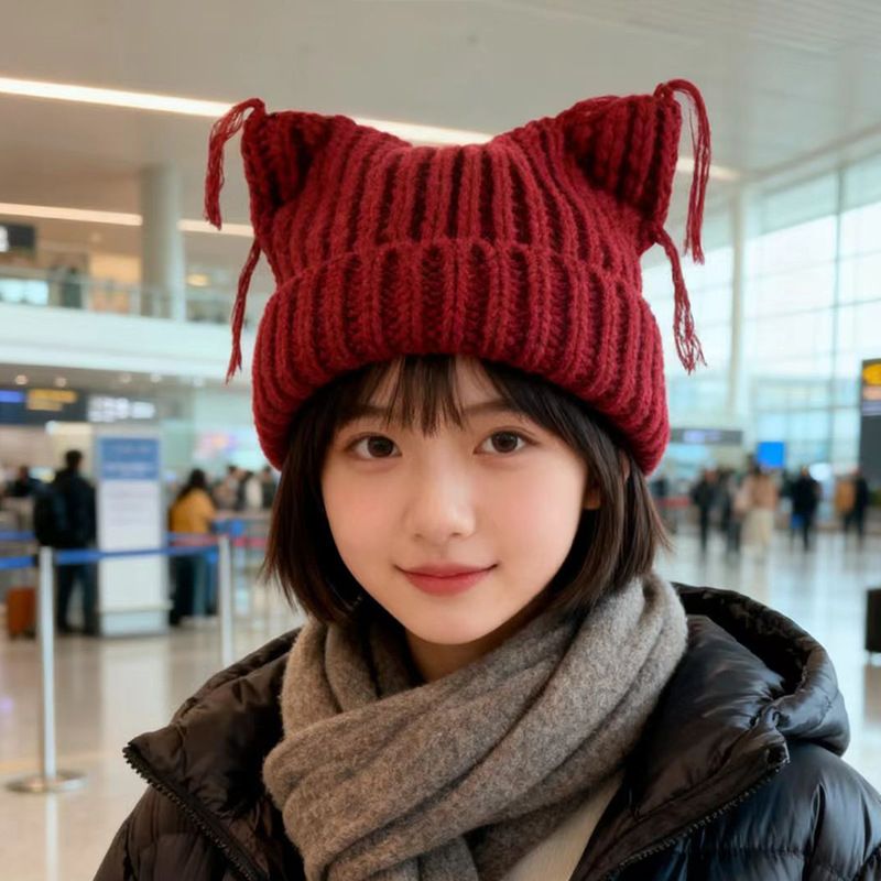 韩系猫耳流苏针织帽女冬保暖防寒护耳毛线帽显脸小百搭纯色冷帽潮