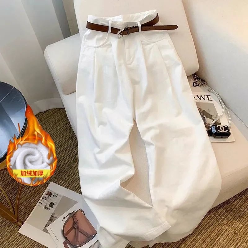 白色加绒直筒牛仔裤加绒加厚阔腿春季感宽松显瘦垂感休闲拖地裤