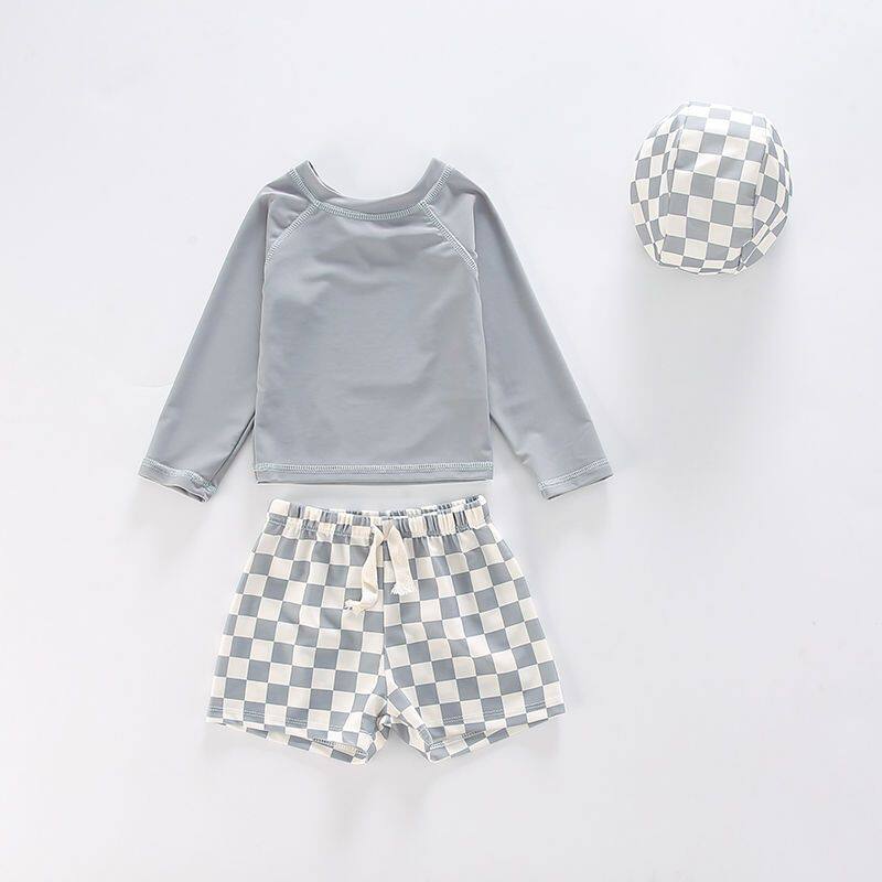 ins新款儿童泳衣男童中小童格子分体防晒长袖泳装宝宝连体游泳裤