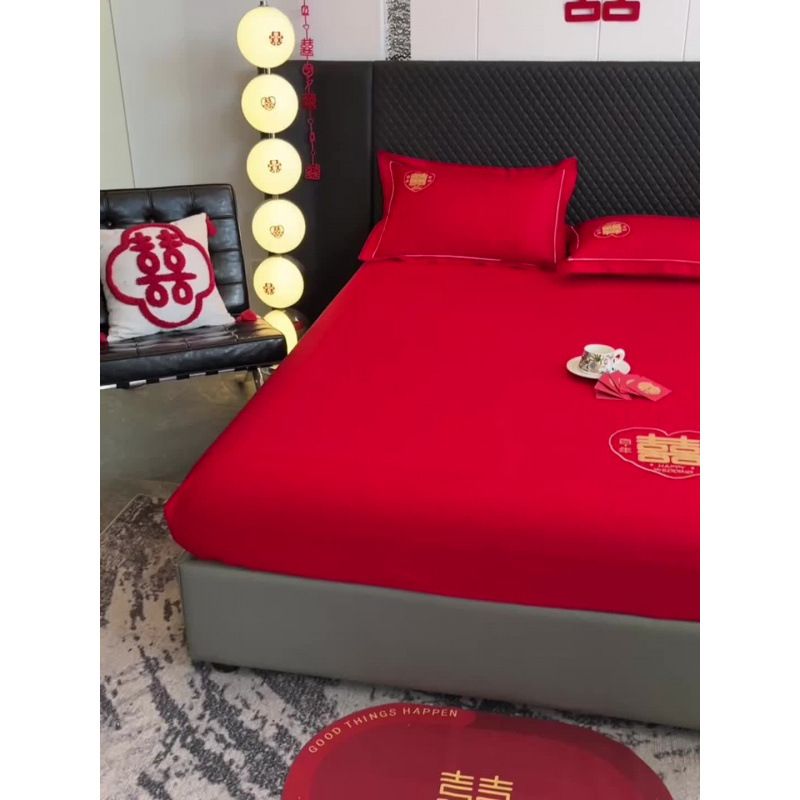 新婚婚庆大红床笠单件喜庆结婚床罩全包陪嫁出嫁床套罩床垫保护罩