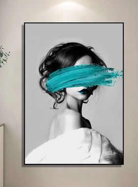 现代轻奢玄关走廊背景墙抽象人物装饰画卧室床头蓝色羽毛竖款挂画