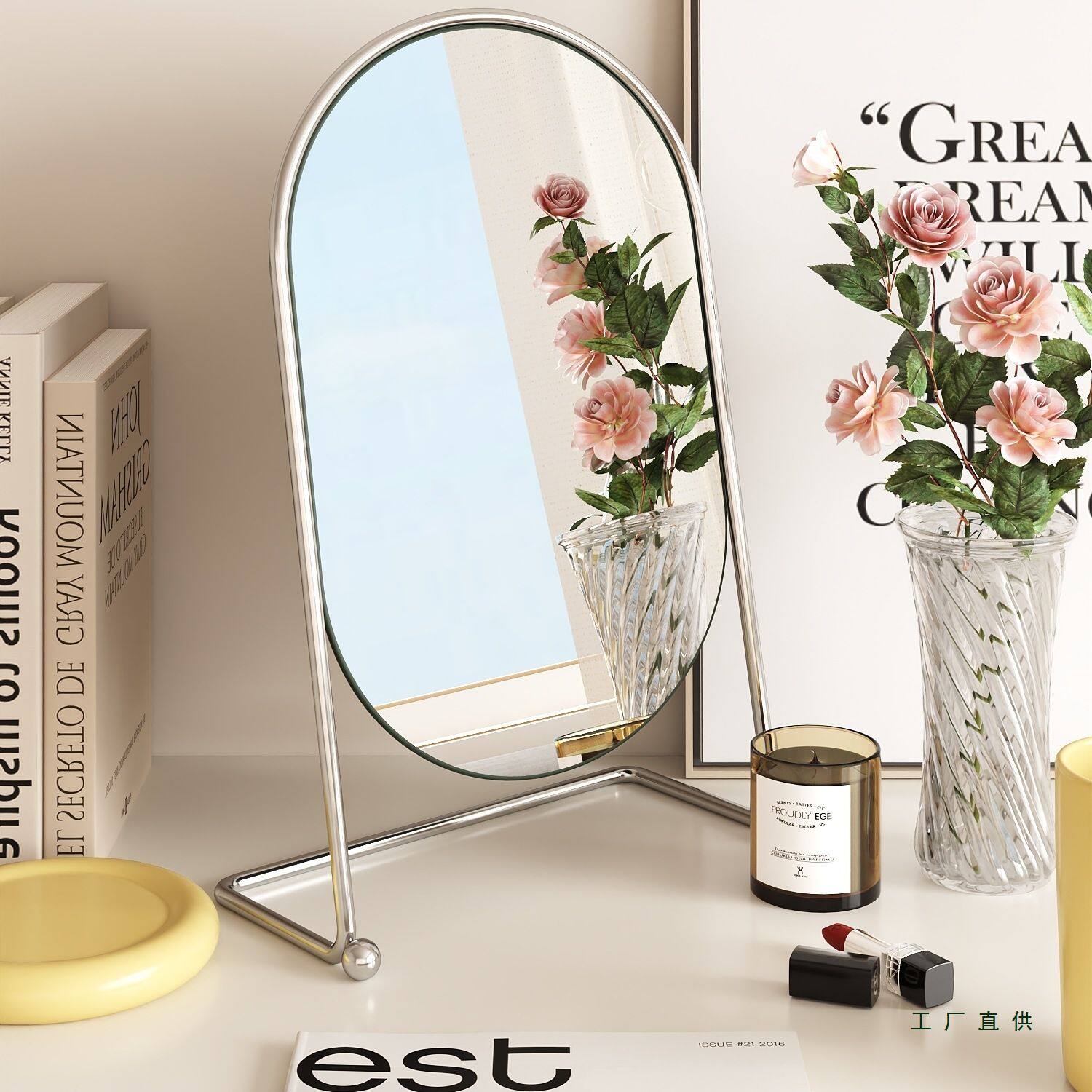 ins风化妆镜家用卧室梳妆台镜子学生宿舍台式桌面复古铁艺梳妆镜