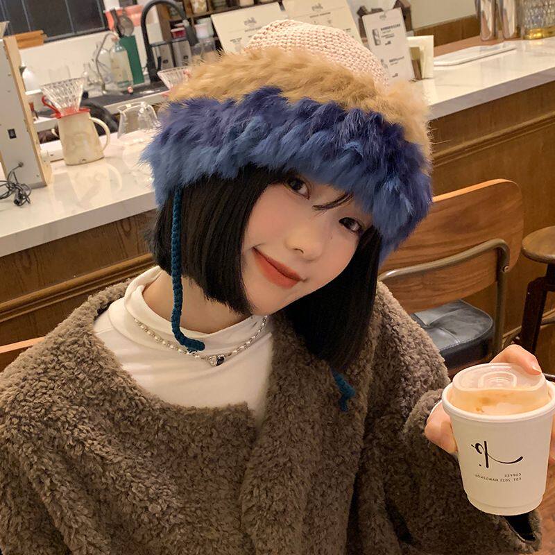 真兔毛针织帽女秋冬季拼接保暖毛线帽韩版甜美可爱毛绒护耳包头帽