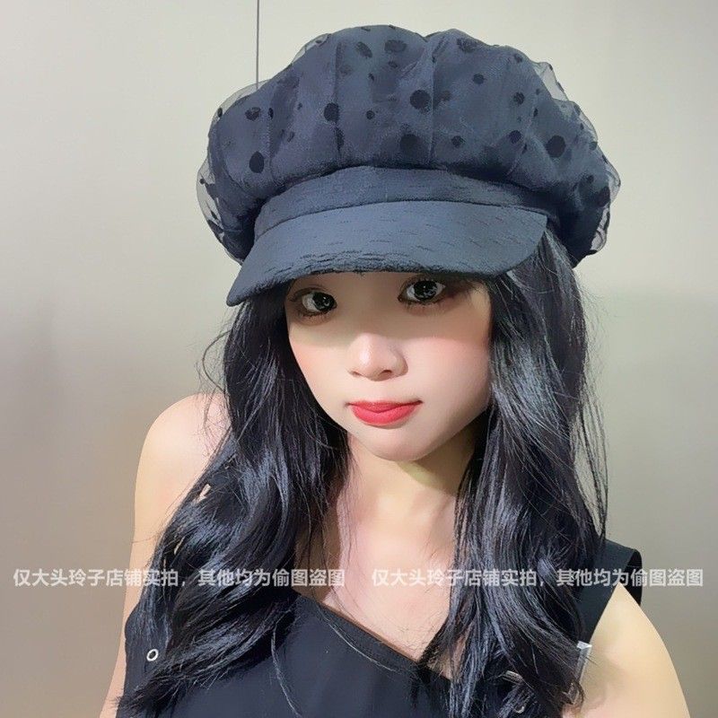 2025早秋新款黑色波点网纱鸭舌贝雷帽女百搭春秋减龄显脸小八角帽