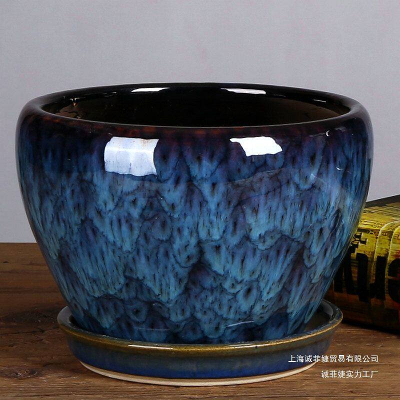 花盆陶瓷盆大号特大孔雀蓝兰花花盆花卉盆栽多肉托盘加厚雁冰