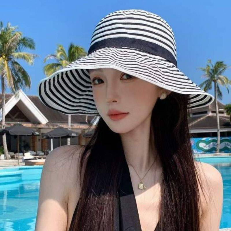 韩版休闲精致感太阳帽大帽檐条纹沙滩帽高端清新风渔夫帽系带盆帽