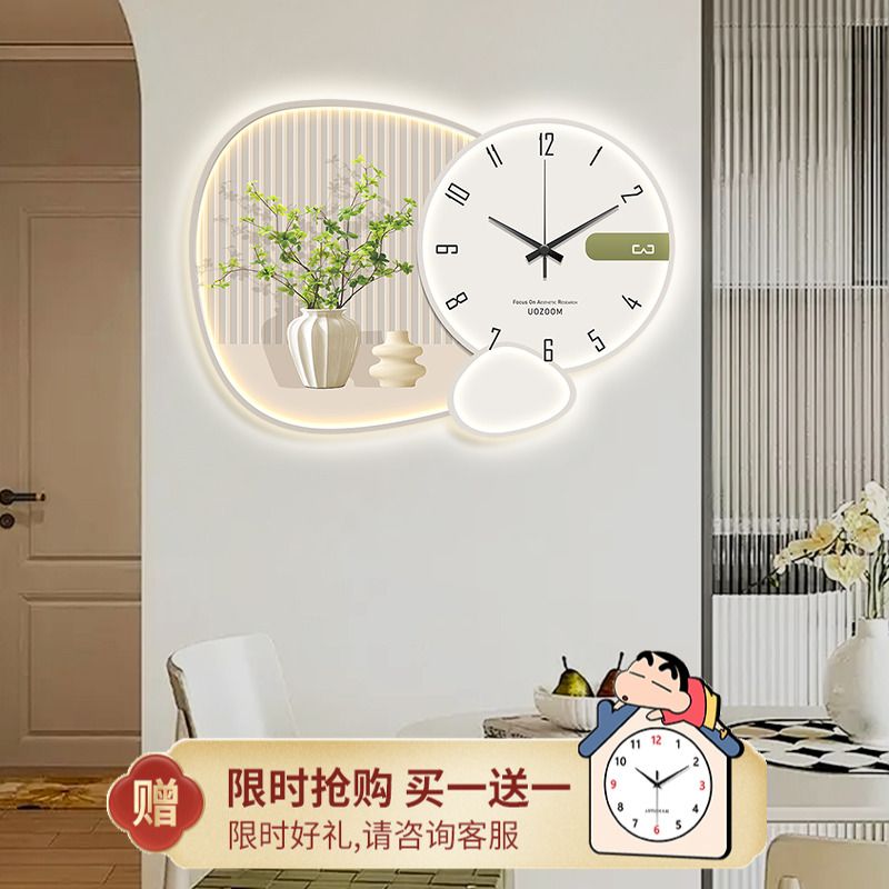 奶油绿植餐厅装饰画小清新简约创意个性钟表挂钟客厅静音时钟壁灯