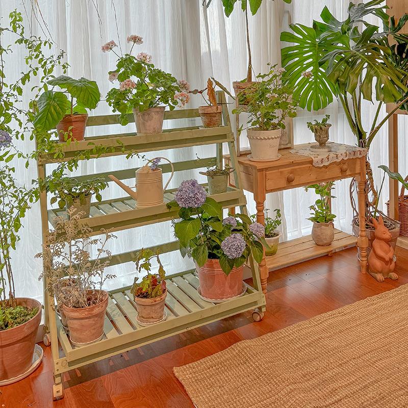 绿植置物架多肉花架子阳台多层落地式实木植物摆放架移动花架带轮
