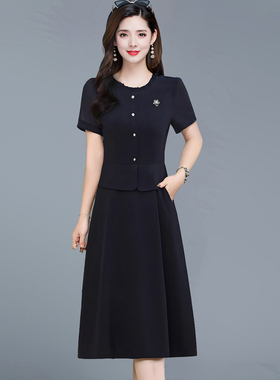 时尚高档显瘦连衣裙2026年气质夏季新款洋气短袖中长款假两件裙子