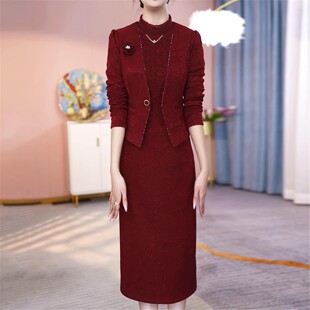 连衣裙2024新款女秋冬加厚轻奢高级感喜婆婆婚宴装妈妈礼服配大衣