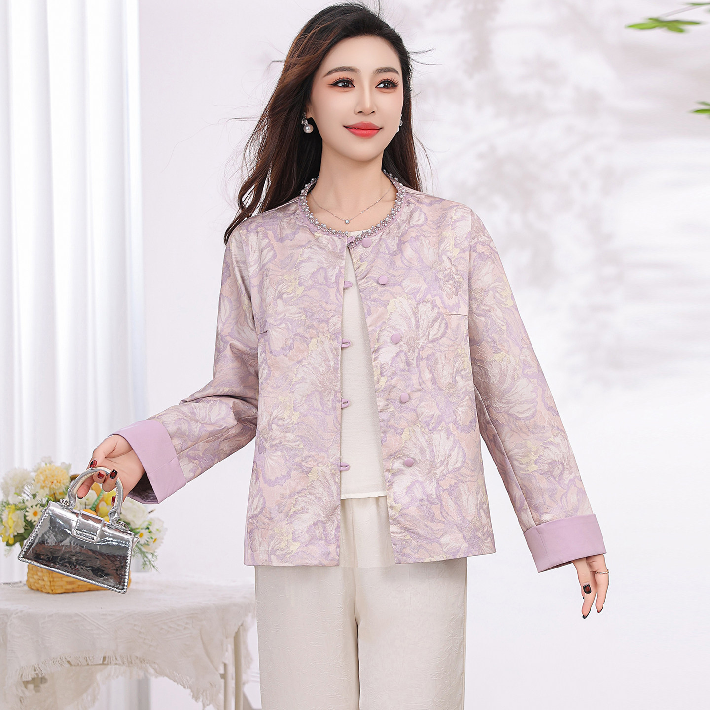 新中式妈妈春装提花外套2026年新款小香风中年女春夏国风圆领开衫