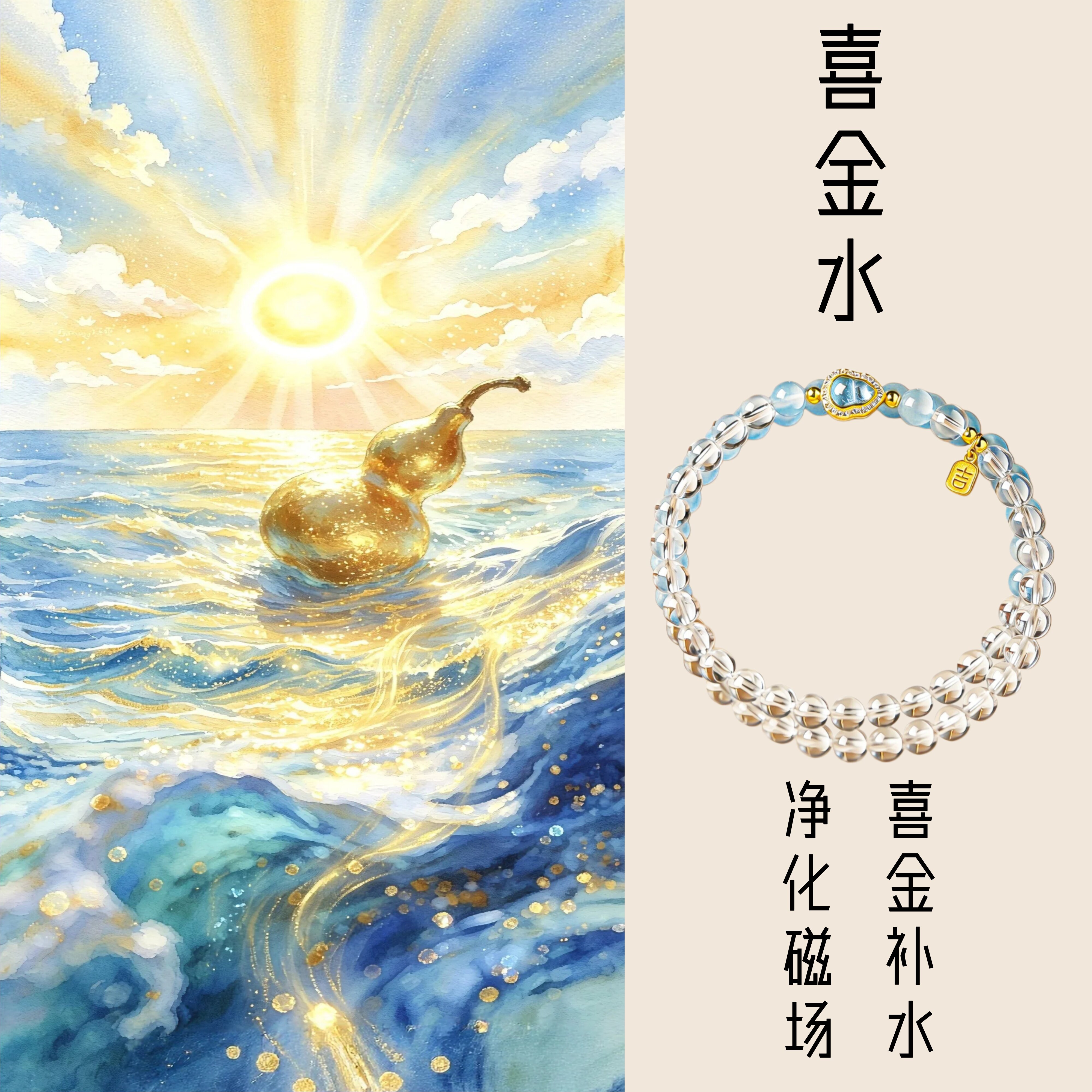 天然白水晶海蓝宝手串女款双圈招财葫芦手链五行补金水缺水喜金水