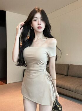 纯欲辣妹露肩吊带上衣设计感中长款短袖T恤连衣裙打底裤套装女夏