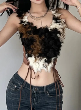Fashion sweet spicy wind fur splicing short sexy Slim tie na