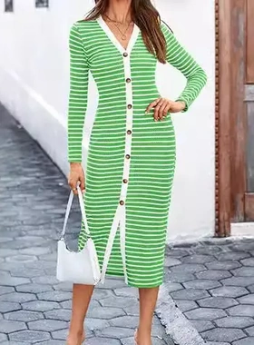 Striped Women Casual Long Sleeve Midi Dress Embellished Butt