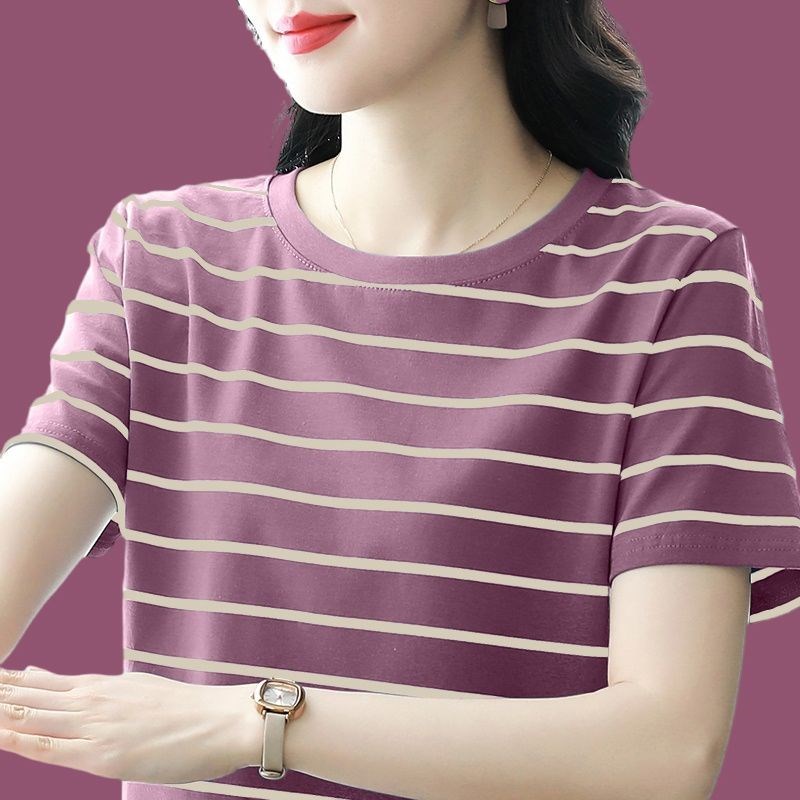 夏季2025g新款纯棉短袖t恤大码女装宽松中年妈妈洋气时尚条纹上衣
