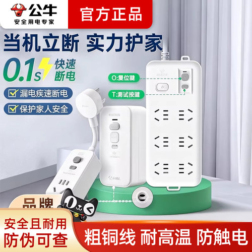带开关10A防漏电保护器插头公牛