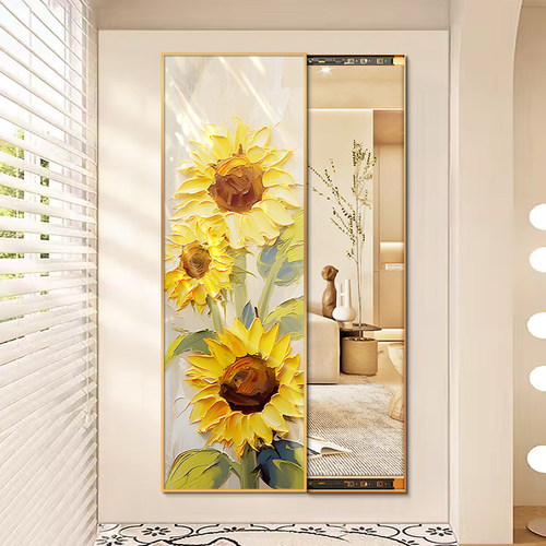 奶油风隐藏式全身镜可推拉玄关镜子装饰挂画北欧向日葵穿衣试衣镜