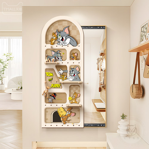 猫和老鼠玄关镜子装饰画洞洞板隐形推拉穿衣镜奶油风全身镜壁挂画