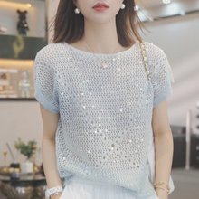 重工亮片浅蓝色短袖T恤女2025夏季新款显瘦宽松欧货t恤亮闪闪上衣