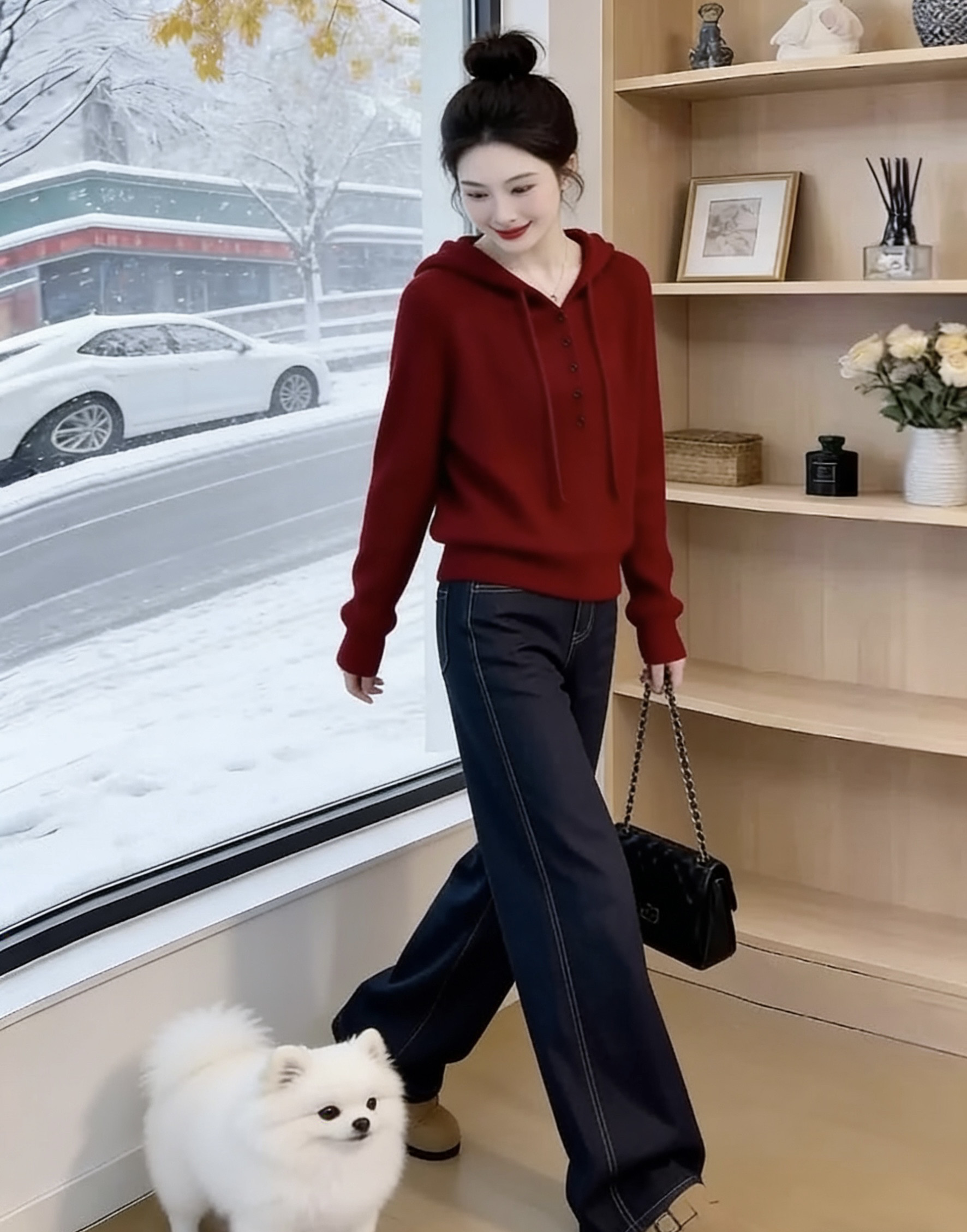 欧货时尚连帽红色长袖针织衫女早春季穿搭高级感宽松漂亮毛衣上衣,女装/女士精品,毛针织衫,淘宝优惠券,粉丝福利购,淘宝优惠卷