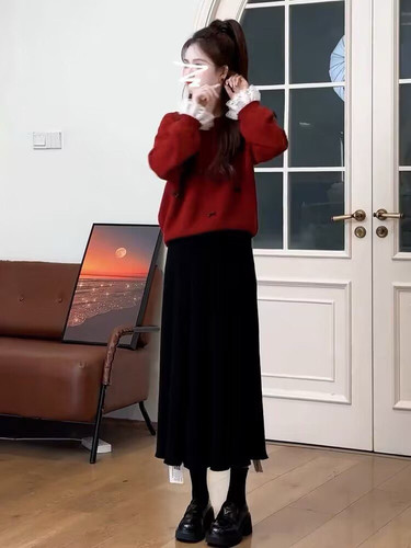秋冬装搭配一整套高级感安可拉红针织毛衣女百搭半身裙新款两件套