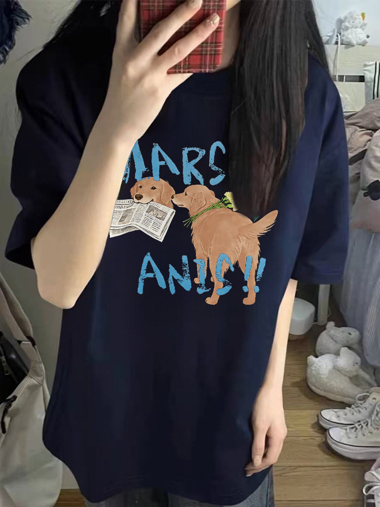 美式潮牌复古圆领藏蓝色狗狗字母印花短袖t恤女2026夏季新款上衣