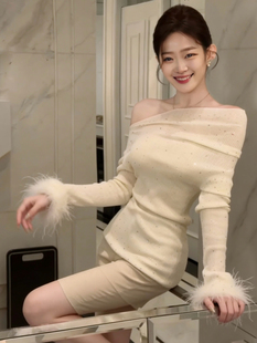 重工亮片一字肩毛袖 性感打底衫 针织衫 露肩修身 上衣 女2025秋季 法式
