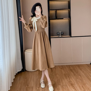 收腰显瘦长裙女 新款 设计感法式 复古蝴蝶结假两件连衣裙2025秋冬季