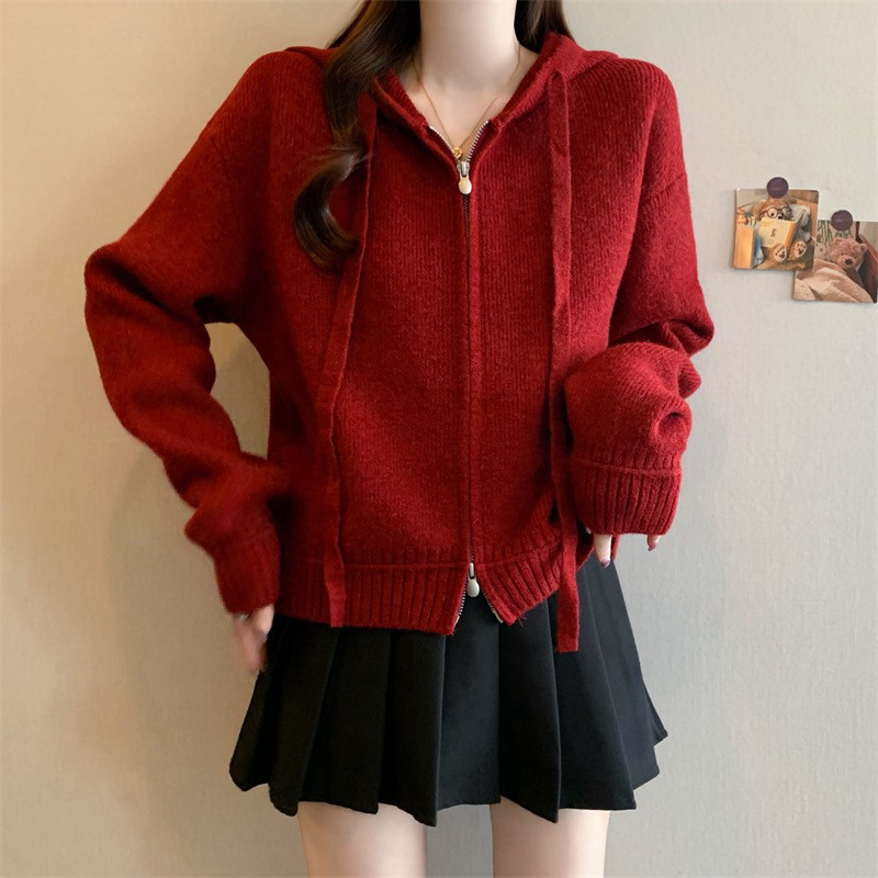 抽绳连帽毛衣外套女2026春季新款韩版宽松显瘦简约双拉链针织开衫,女装/女士精品,毛针织衫,淘宝优惠券,粉丝福利购,淘宝优惠卷