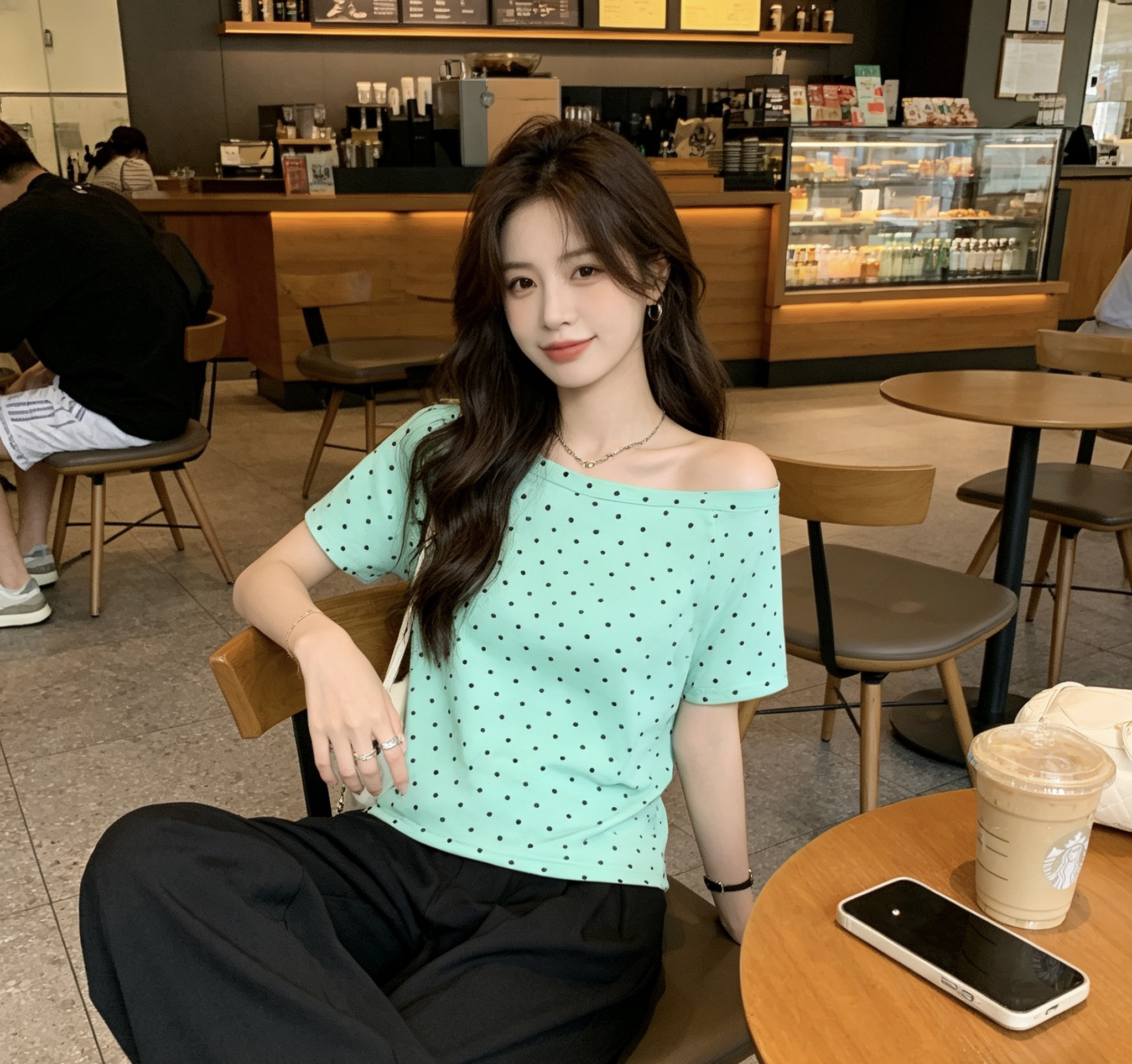 FXOP正肩波点格纹星星贴布纽扣短袖t恤女2026韩系ins修身短款上衣图片