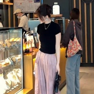 女夏装 搭配一整套时尚 冷淡风套装 新款 两件套 气质黑短袖 上衣阔腿裤