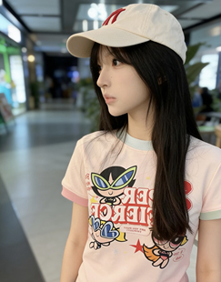 美式 正肩t恤女夏季 穿搭多巴胺修身 显瘦上衣 甜辣粉色卡通印花短袖