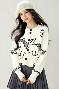 新年「马上来财」绵羊毛毛衣冬约会童趣提花刺绣宽松圆领针织开衫