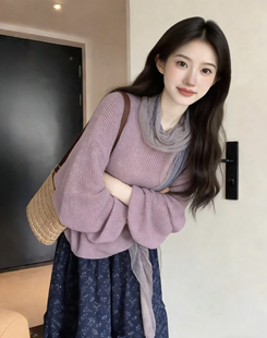 2025新款 韩系温柔风紫色毛衣针织连衣裙子女秋冬高级感小个子套装