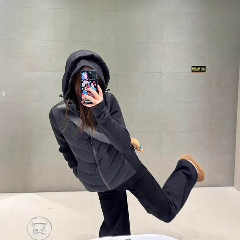 黑色排骨羽绒服女款冲锋衣内胆春季轻薄拼接棉服收腰修身显瘦上衣