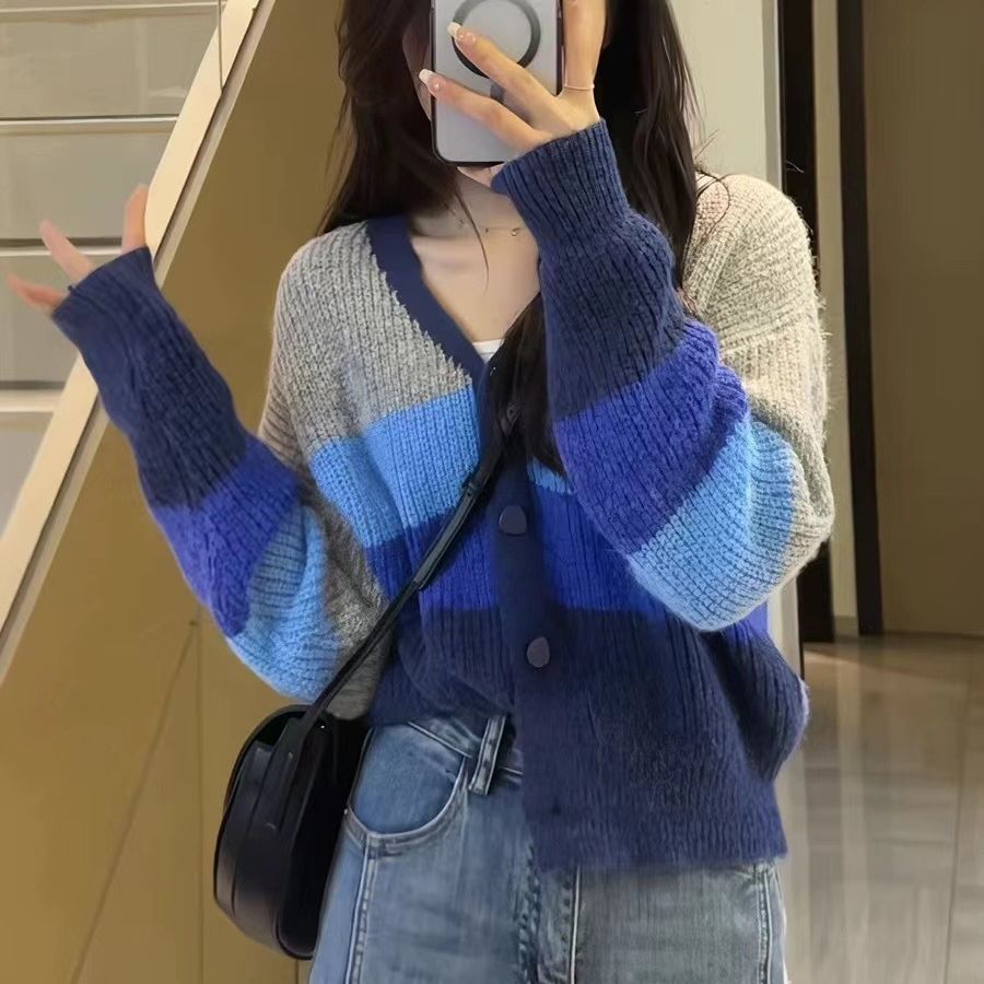 韩版拼色条纹针织开衫上衣女2025秋冬新款短款宽松慵懒风毛衣外套
