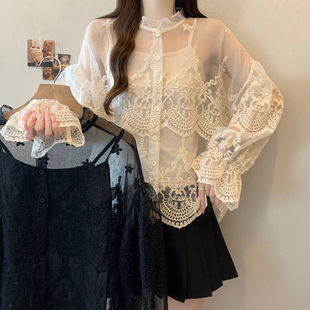 显瘦百搭洋气上衣 大码 实拍2026春夏新款 透气蕾丝网纱拼接吊带衬衫
