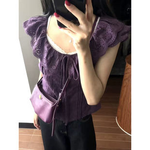 上衣 设计感小众韩系别致穿搭小飞袖 荷叶边提花刺绣紫色衬衫 女夏季