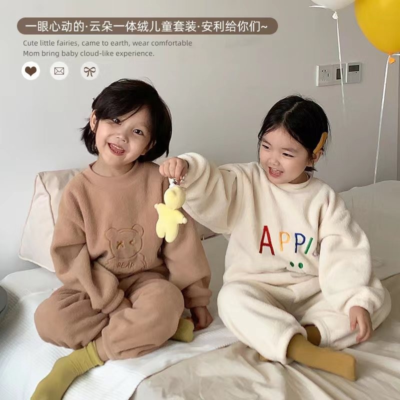 韩版保暖睡衣套装童装秋冬新款加绒加厚儿童睡衣男女童可爱家居服