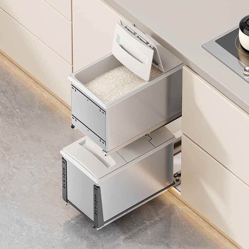 厨房嵌入式储米桶双层米箱橱柜置物米面杂粮开门式不锈钢储物阻尼