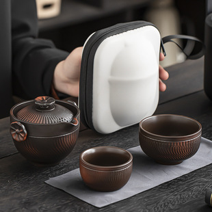 紫陶功夫户外旅行茶具便携包套装一壶二杯快客杯一人手抓泡茶壶